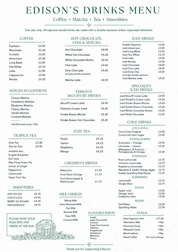 Preview of Edison's café drinks menu