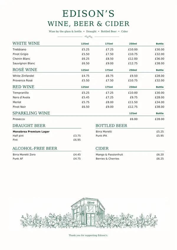 Preview of Edison's wine, beer and cider menu